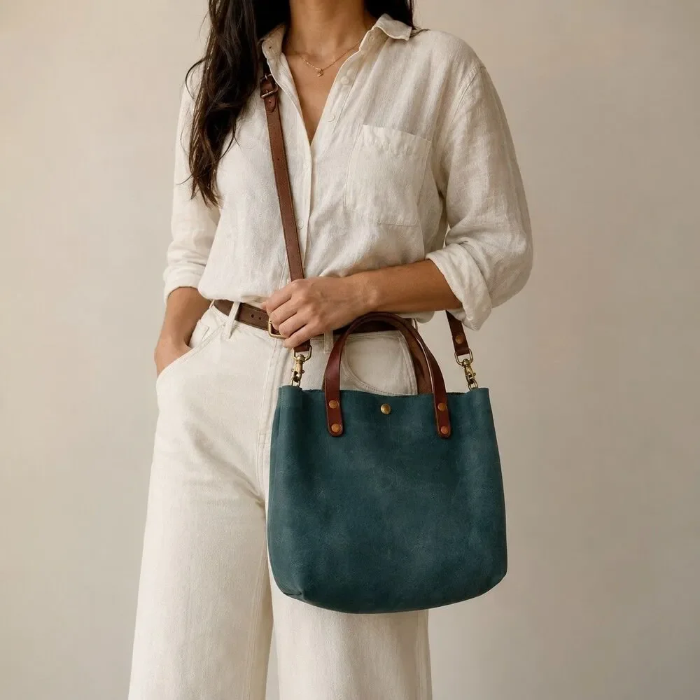 KMM & Co Leather Tote Atlantic Blue Full Grain Crossbody Made USA Travel Casual